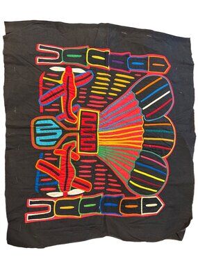 Handmade Vibrant Mola Textile Panel With Airplane & Parachute Design Reverse App